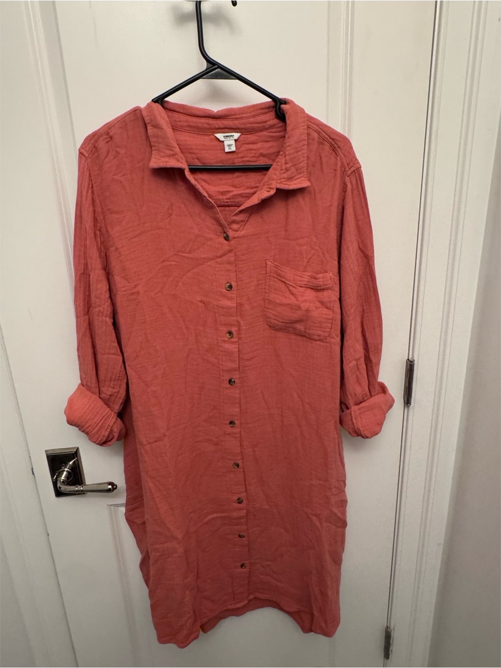 Women's Button-Front Tunic Dress in Coral Pink